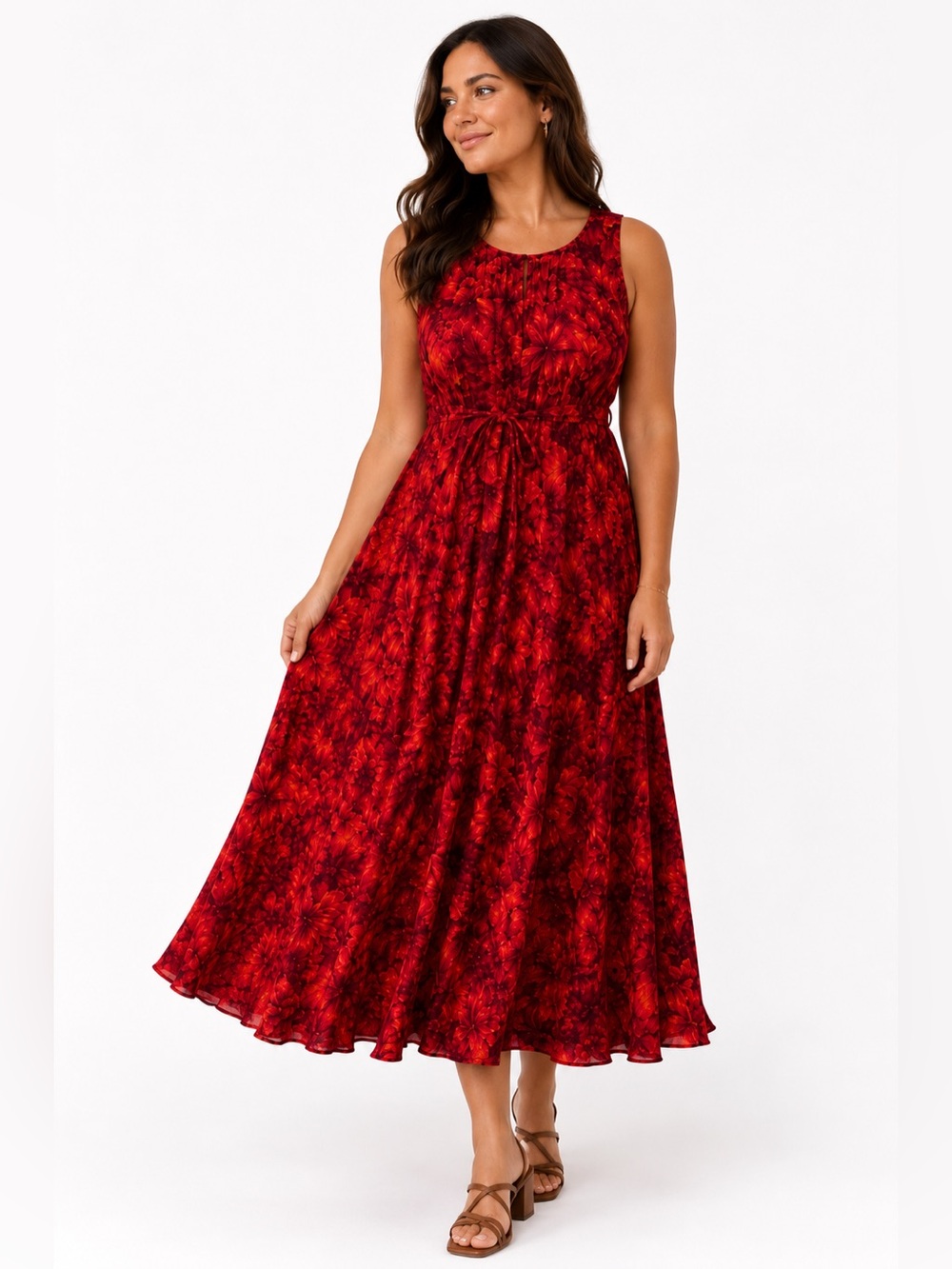 Vintage Her Style Red Floral Rayon Midi Dress Large 90s Boho Tie Waist